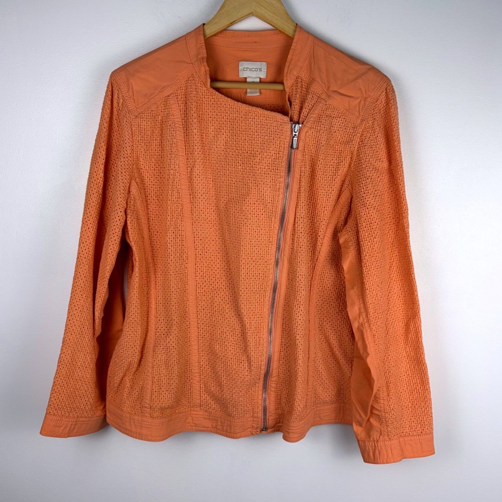 Chico's‎ Women Moto Jacket Sz 3 Peach Woven Knit Asymmetrical Zip Up Lightweight